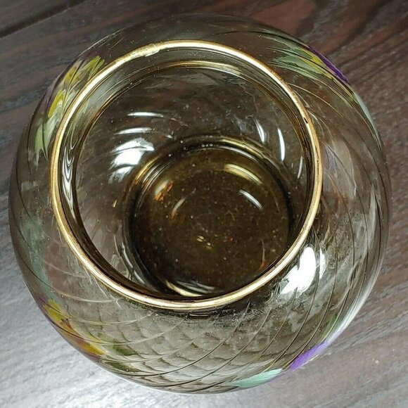 Hand Painted Floral Swirl Ribbed Gold Rim Brown Glass Vase Vintage Local Artist - Picture 6 of 8